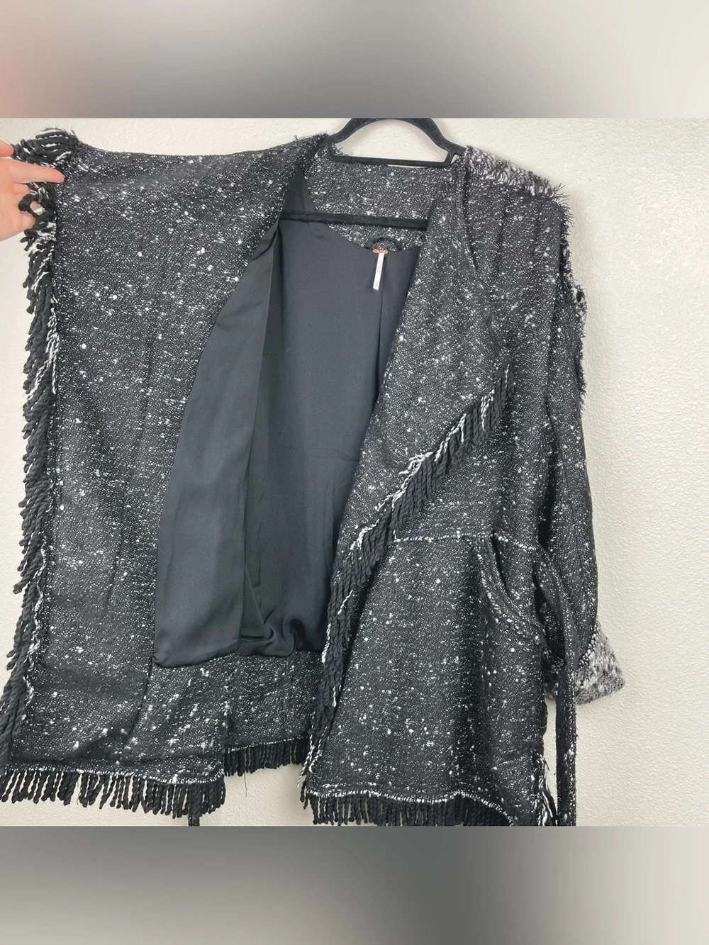 Free People Women's XS Fringe Wrap Blanket Coat Jacket Tie Waist Black Combo